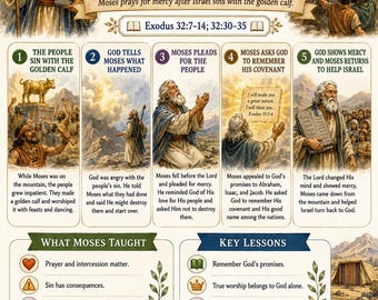 Moses Intercedes for Israel against Calf worship Bible Study Bundle, Exodus Poster, Worksheet, Teacher Lesson, Guide, Quiz, PDF, PNG and MP4