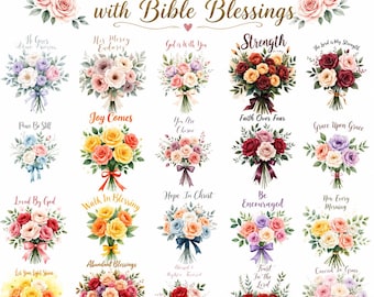 20 Bible Blessings Rose Flower Clipart Bundle, Christian Encouragement PNG, Scripture Floral Clipart, Faith Stickers,  Art