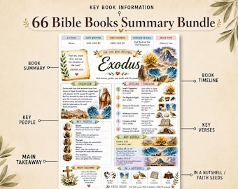 Ensemble de 66 résumés bibliques, affiches d'étude de l'Ancien et du Nouveau Testament, aperçu biblique chrétien imprimable, guide d'étude des Écritures (PDF et PNG)
