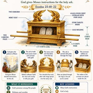 May include: An educational infographic titled The Ark of the Covenant Blueprint, featuring a golden chest with two cherubim, carrying poles, and stone tablets. It includes five illustrated steps of construction, dimensions in cubits, and key lessons.