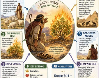 Moses and the Burning Bush Bible Study Bundle, Exodus Poster, Worksheet, Teacher Lesson, Guide, Quiz, PDF, PNG and MP4