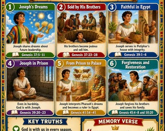 Story of Joseph Bible Study Bundle, Poster, Worksheet, Teacher Lesson, Guide, Quiz (PDF, PNG and MP4 Downloads)