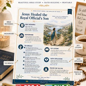 May include: A printable Bible study sheet titled 36 Miracles of Jesus Bundle Series, featuring the lesson Jesus Healed the Royal Official's Son. The page includes a watercolour illustration, Bible references, key lessons, faith applications, and prayers.