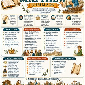 May include: An educational infographic titled Book of Matthew Summary featuring illustrations of Jesus, scrolls, and biblical scenes. It includes sections on author, date, historical setting, key verses, themes, characters, events, and a timeline of Jesus' life.