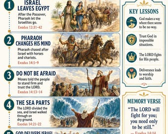 Israelites Crossing the Red Sea Bible Study Bundle, Exodus Poster, Worksheet, Teacher Lesson, Guide, Quiz, PDF, PNG and MP4 Downloads
