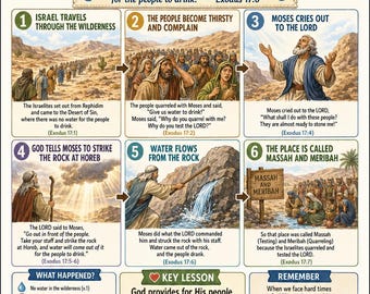 Peut inclure: Une affiche éducative religieuse intitulée Water From The Rock, détaillant le récit d'Exode 17:1-7 à travers six panneaux illustrés. Elle présente des descriptions textuelles, des leçons clés et un résumé des événements, illustrant Moïse, les Israélites et de l'eau jaillissant d'un rocher dans un paysage désertique.
