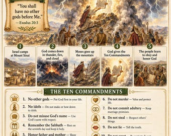 Peut inclure: Une affiche éducative religieuse intitulée GOD GIVES THE TEN COMMANDMENTS AT MOUNT SINAI. Elle présente des illustrations d'événements bibliques, un verset à mémoriser, une liste numérotée des dix commandements avec icônes et des leçons clés.