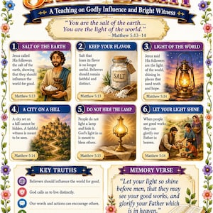 May include: A religious educational poster titled Salt & Light featuring six numbered panels with illustrations and text from Matthew 5:13-16. The design includes floral borders, a memory verse, and key truths about influence and faith.