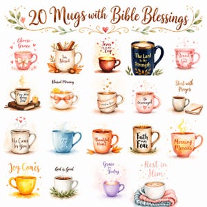 May include: A collection of 20 mugs with Bible blessings, featuring various watercolor designs. Each mug displays unique religious text, including phrases like Choose Grace, The Lord Is My Strength, and Faith Over Fear, surrounded by floral and seasonal motifs.