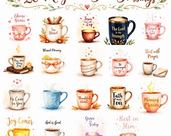 20 Mugs with Bible Blessings Clipart Bundle, Christian Coffee Mug PNG, Faith Encouragement Art, Scripture Stickers, Digital Download