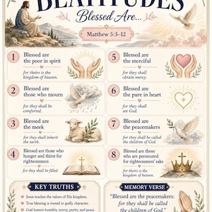 Puede incluir: Una impresión decorativa con "Las Bienaventuranzas" de Mateo 5:3-12, con ilustraciones de Jesús, palomas, un cordero y manos abiertas. El texto incluye verdades clave y un versículo de memoria, con un borde floral.