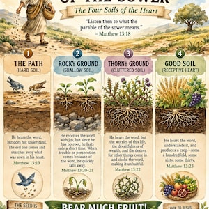 May include: An illustrated depiction of the Parable of the Sower, featuring a man sowing seeds, with text describing four types of soil: path, rocky ground, thorny ground, and good soil. The image includes text from Matthew 13:18-23.