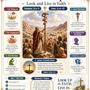 Peut inclure: Une affiche éducative religieuse intitulée The Bronze Serpent, présentant une illustration centrale de Moïse tenant un bâton avec un serpent en bronze. Elle comprend sept sections numérotées, un verset de Jean 3:14-15 et le texte Look Up In Faith.
