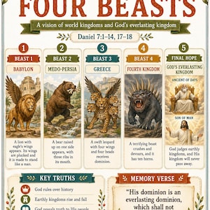 May include: A religious educational poster titled DANIEL'S FOUR BEASTS, featuring five numbered panels illustrating biblical visions. It includes depictions of a winged lion, a bear, a four-headed leopard, a horned beast, and divine figures.