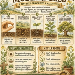 Puede incluir: Infografía ilustrada que representa la parábola de la semilla de mostaza, mostrando su crecimiento hasta convertirse en un árbol. El texto incluye versículos bíblicos y lecciones clave sobre la fe y el crecimiento, con una paleta de colores neutros.