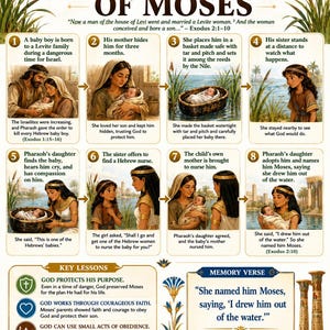 May include: An educational poster titled The Birth and Rescue of Moses, featuring eight illustrated panels depicting the biblical narrative from Exodus 2:1-10, including key lessons, a memory verse, and decorative Egyptian-style columns at the bottom.