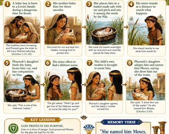 Birth and Rescue of Moses Bible Study Bundle, Exodus Poster, Student Worksheet, Teacher Lesson, Guide, Quiz, PDF, PNG and MP4