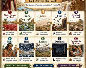 The Ten Plagues of Egypt Bible Study Bundle, Exodus Poster, Worksheet, Teacher Lesson, Guide, Quiz, (PDF, PNG and MP4 )