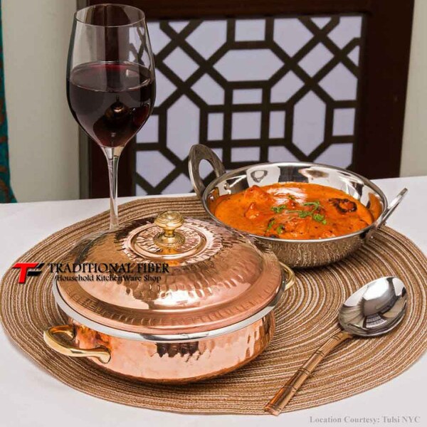 Copper Steel  Biryani Handi, Pure Copper Handi, Copper Serving Pot, For Home Hotel Gift Set Pack of Handi Kadai Lid and 1 Serving Spoon 4 PC