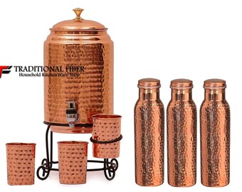 100 % Pure Copper Hammered Water Dispenser (Matka /Pot) Container Pot Water Tank 5000ML with Glass and Iron Stand for Home & Kitchen|