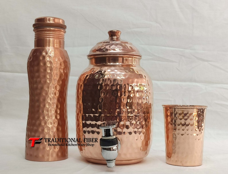Copper Water Dispenser Hammered Container Pot Matka/Pot with Pure Copper and Gift Set Tank 1 Glass 1 B