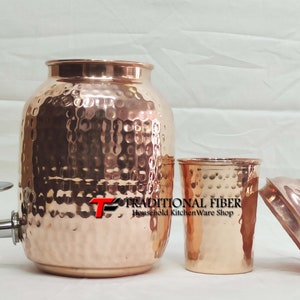 Copper Water Dispenser Hammered Container Pot Matka/Pot with Pure Copper and Gift Set image 3