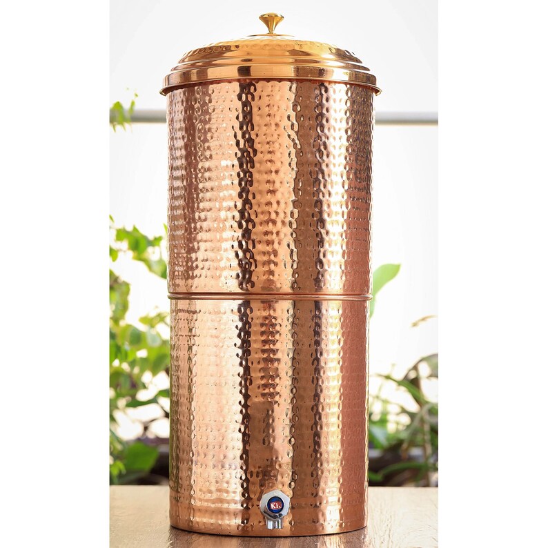 Copper Hammered Design Filter Water Dispenser Pot With Candle Inside, Storage Water in Home Kitchen Garden 15Ltr/20ltr image 4