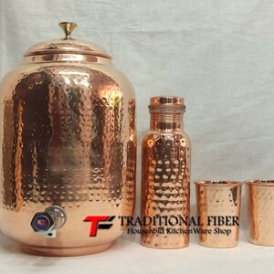 Indian Handmade Hammered Copper Water Dispenser (Matka) Container Pot with Copper Glasses Pure Bottle Copper