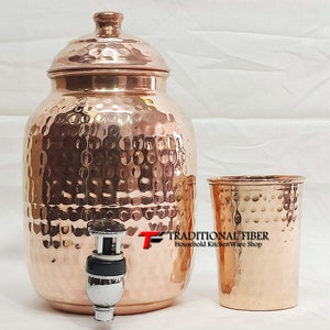 Copper Water Dispenser Hammered Container Pot Matka/Pot with Pure Copper and Gift Set Tank 1 Glass