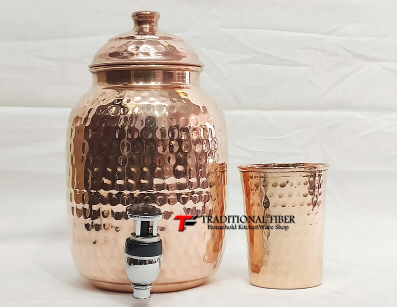 Copper Water Dispenser Hammered Container Pot Matka/Pot with Pure Copper and Gift Set Tank 1 Glass