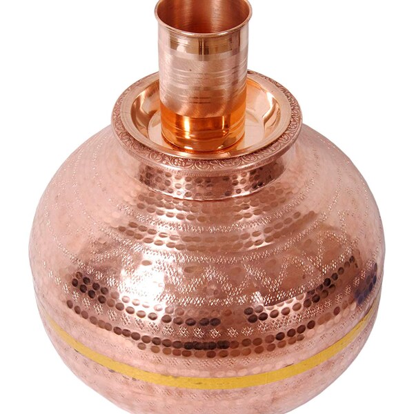 Traditional Fiber Copper Water Dispenser Container Pot With 1 Glass Tumbler - 2 Pieces, Brown Matka Vessel Copper Chari Water Dispenser