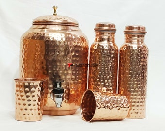 100% Pure Copper Vessel Tank Pot Matka Hammered Copper Water Dispenser Container Pot & Bottle ,Pure Copper Storage Pot