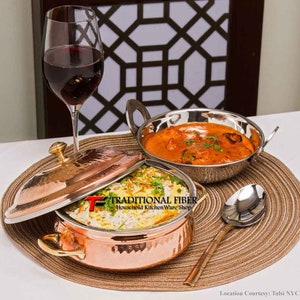 Copper Steel Biryani Handi, Pure Copper Handi, Copper Serving Pot, For Home Hotel Gift Set Pack of Handi Kadai Lid and 1 Serving Spoon 4 PC image 2