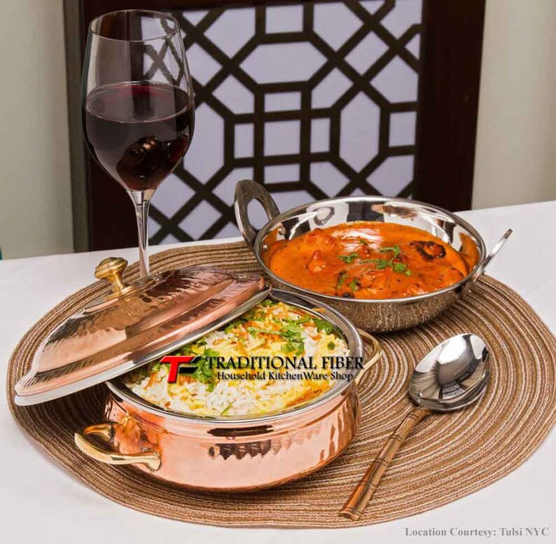 Copper Steel Biryani Handi, Pure Copper Handi, Copper Serving Pot, For Home Hotel Gift Set Pack of Handi Kadai Lid and 1 Serving Spoon 4 PC image 2