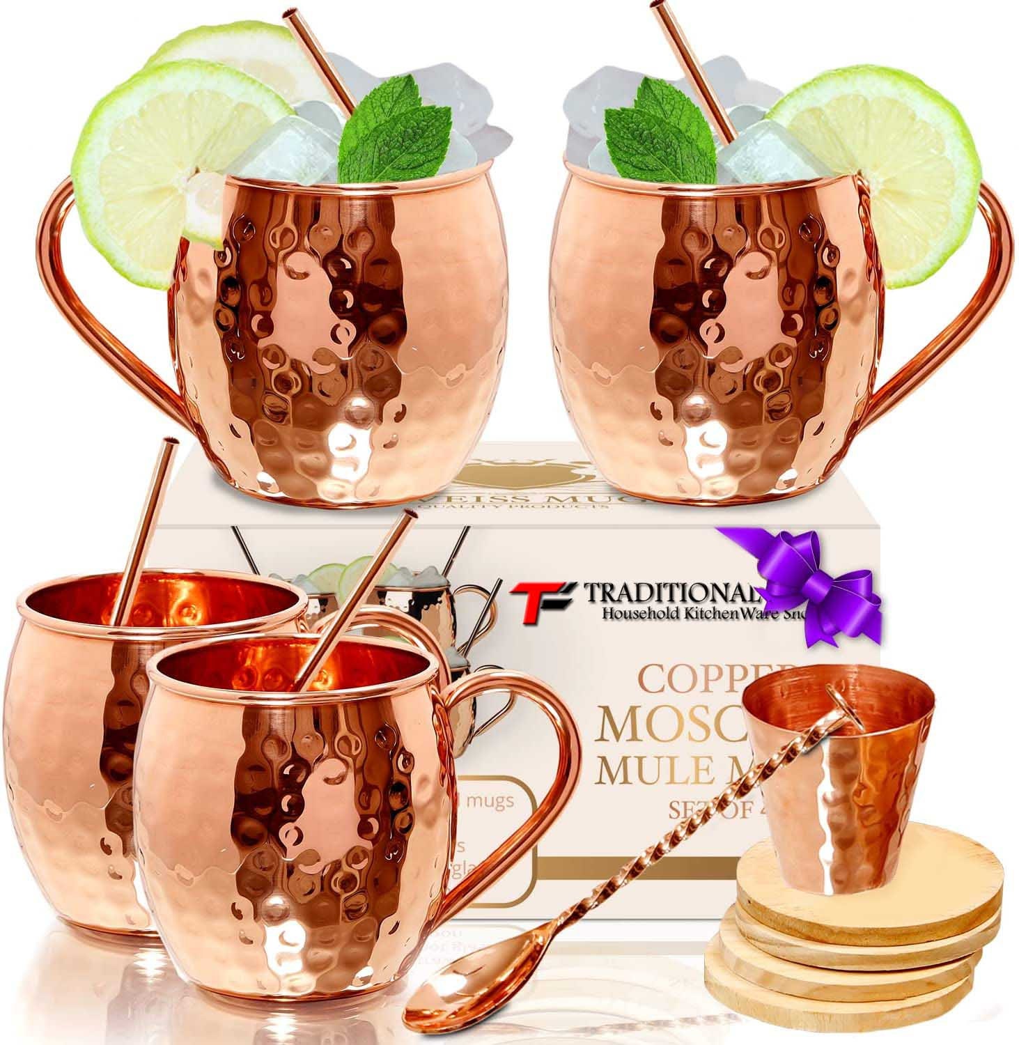 100% Solid Copper Handcrafted Authentic Hammered Copper Cups for Moscow Mules Includes Shot Glass Recipe Book Pure Copper Moscow Mule Mugs Set of 4 