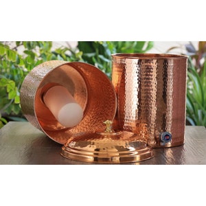 Copper Hammered Design Filter Water Dispenser Pot With Candle Inside, Storage Water in Home Kitchen Garden 15Ltr/20ltr image 2
