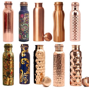 Indian Hanmdade Pure Copper (99.74%) Water Bottle Jointless Seamless Copper Flask Drinkware Set Copper vessel