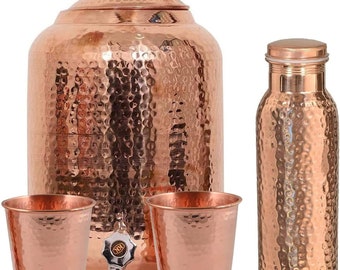 Artisan Copper Water Vessel, Hammered Finish, Drinking Ritual, Thoughtful Eco-Friendly Gift Tank Stand Glass Bottle Set