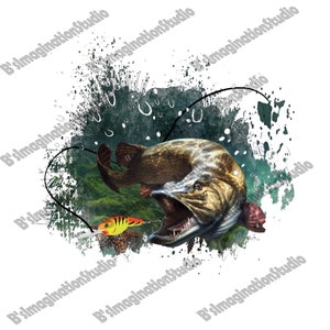 May include: A digital illustration of a largemouth bass with an open mouth, a fishing lure, and a green and blue watercolor background.
