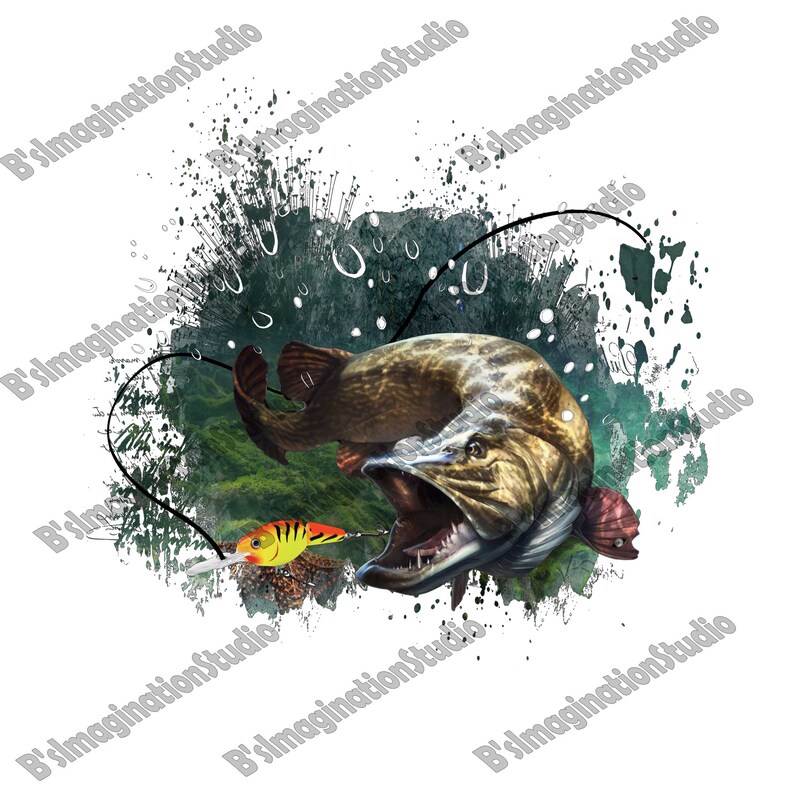 May include: A digital illustration of a largemouth bass with an open mouth, a fishing lure, and a green and blue watercolor background.