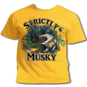 May include: Yellow t-shirt with a graphic of a musky fish with a lure in its mouth. The text "STRICTLY MUSKY" is printed on the shirt.