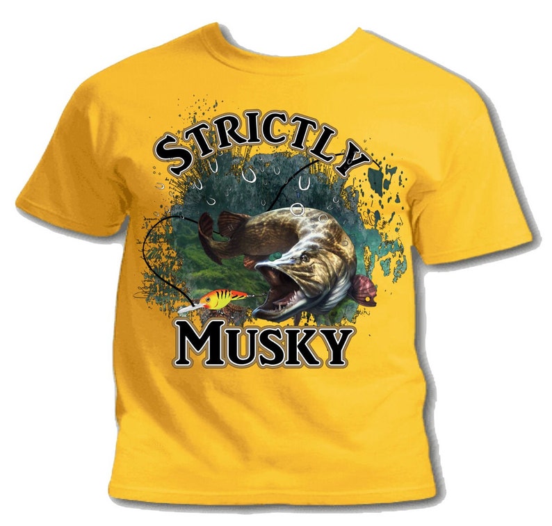 May include: Yellow t-shirt with a graphic of a musky fish with a lure in its mouth. The text "STRICTLY MUSKY" is printed on the shirt.