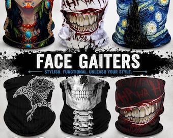 Nova máscara facial personalizada com estampa de caveira mexicana, noite estrelada e fênix para o Dia dos Mortos, ideal para motociclismo, trabalhos no jardim e para usar como faixa de cabeça. Reutilizável e inspirada no Coringa.