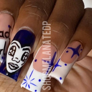 SAD GIRL HOURS/navy blue nails/ black blue and white nails/ valentines day nails/ portrait nails/ recreation nails/ medium square nails/ hue