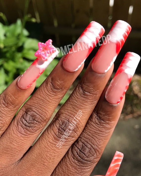 Kawaii Nails, Press on Nails, Trendy Nails, Charm Nails, Bedazzle Nails, Long  Nails, French Nails, Star Charms, Heart Charms, Pink Nails, 