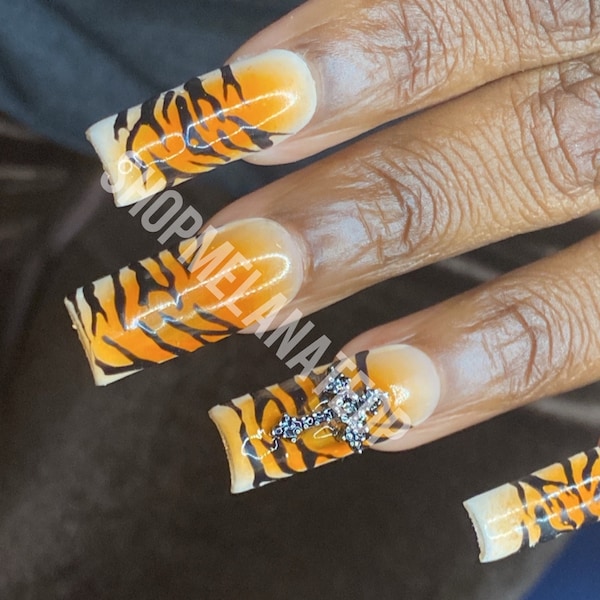 CATSUIT/ tiger print/ animal style nails/ long square nails/ orange nails/ stripe nails/ abstract nails/black charms