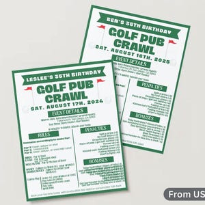 以下が含まれることがあります： ゴルフパブクロールのための緑と白の印刷可能な招待状。招待状には、ゴルフの旗、ゴルフボール、そして「ゴルフパブクロール」というテキストが書かれています。