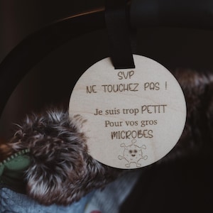 Peut inclure: Un panneau rond en bois avec le texte "SVP NE TOUCHEZ PAS! Je suis trop PETIT Pour vos gros MICROBES" et une image de dessin animé d'un virus avec un visage souriant.