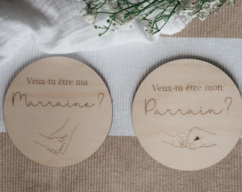 Godfather announcement, godmother request, wooden pastilles