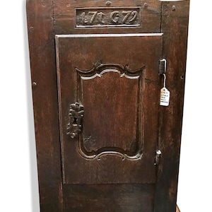 D.1779 Antique Oak Wall Cupboard, and Initialed Original Hardware continental Rare